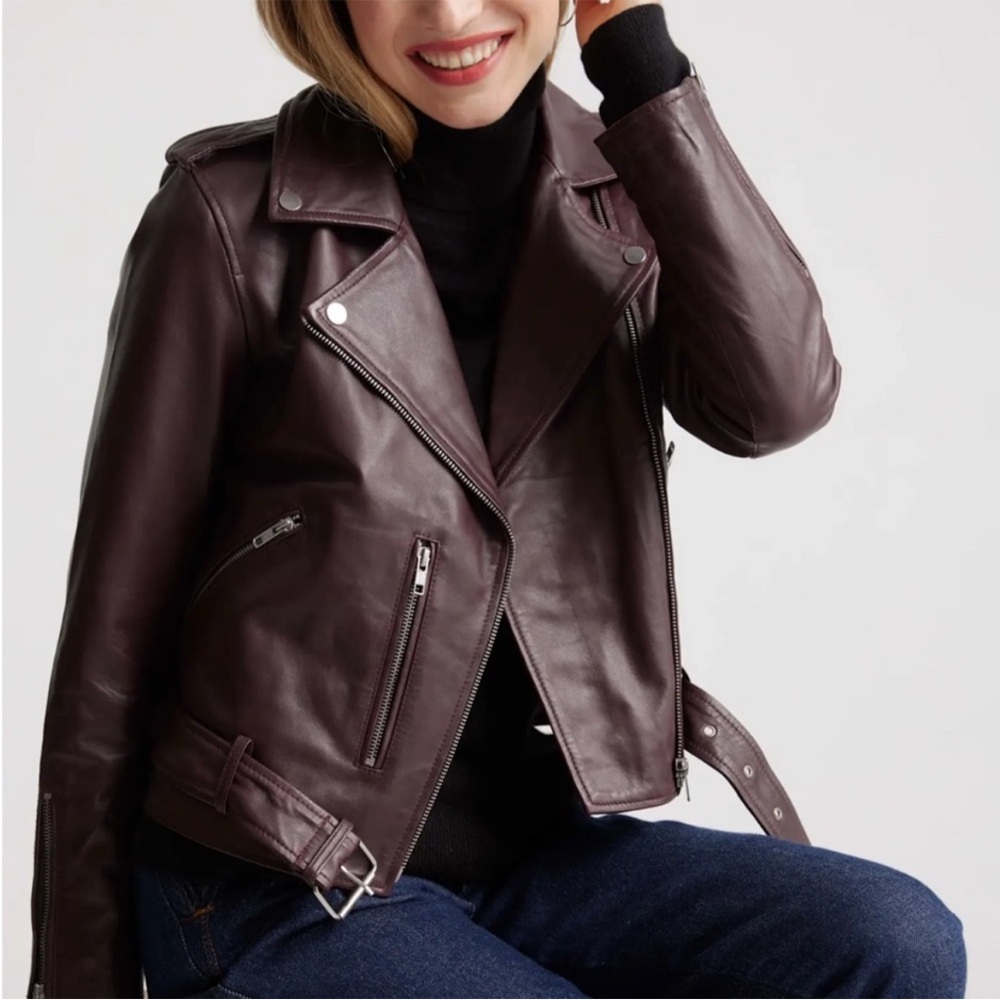 Quince Burgundy Leather Motorcycle Jacket EUC